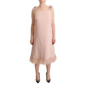 P.A.R.O.S.H. Pink Polyester Sleeveless Midi Feather Shift Women's Dress